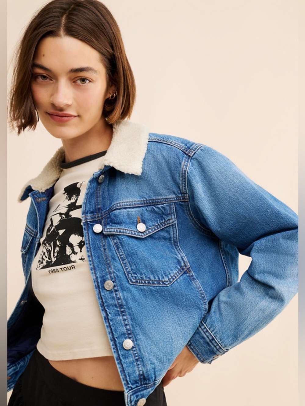 Madewell Cropped Denim Sherpa Jacket - Medium Blue